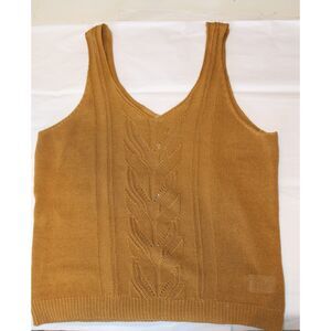 Mustard Tan V-Neck Knit Sweater Tank Top Pointelle Leaf Cable Knit Small‎